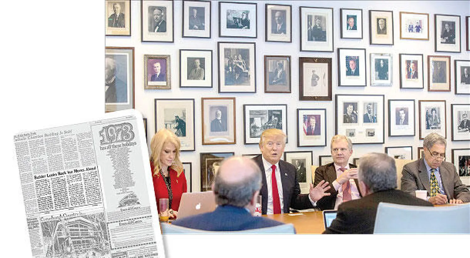 جانب من اجتماع الرئيس الأميركي المنتخب دونالد ترامب بأسرة تحرير صحيفة «نيويورك تايمز» في مقرها بنيويورك يوم الثلاثاء الماضي (أ.ب) - أول مرة يذكر فيها اسم دونالد ترامب في طيات صحيفة  «نيويورك تايمز» عام 1973 (من أرشيف «نيويورك تايمز»)