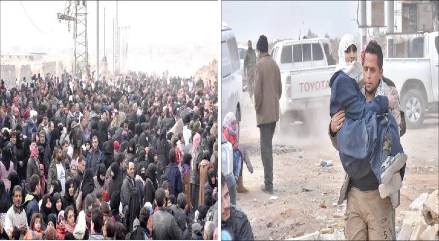 امرأة يحملها أحد أفراد عائلتها أثناء نزوح الآلاف من شرق حلب أمس إلى مناطق سيطرة النظام في غربها (أ.ف.ب)  - صورة وزعتها وكالة «سانا» الرسمية تظهر نزوح الآلاف من شرق حلب أمس إلى مناطق سيطرة النظام في غربها (رويترز)