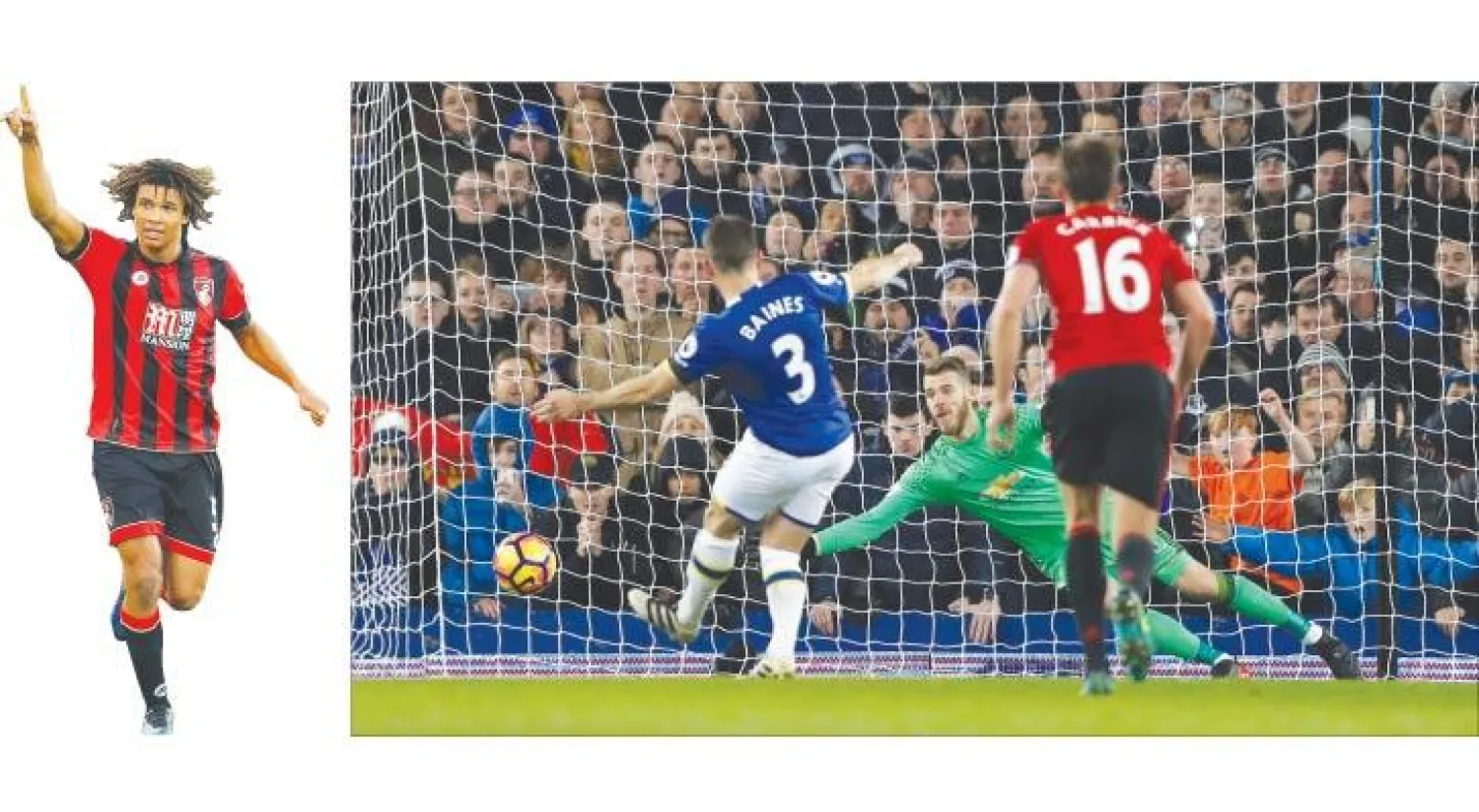 بينز لاعب إيفرتون يسجل في مرمى يونايتد من ركلة جزاء ليمنح فريقه التعادل (رويترز) - آكيه يحتفل بهدفه الذي حسم الفوز لبورنموث (رويترز)