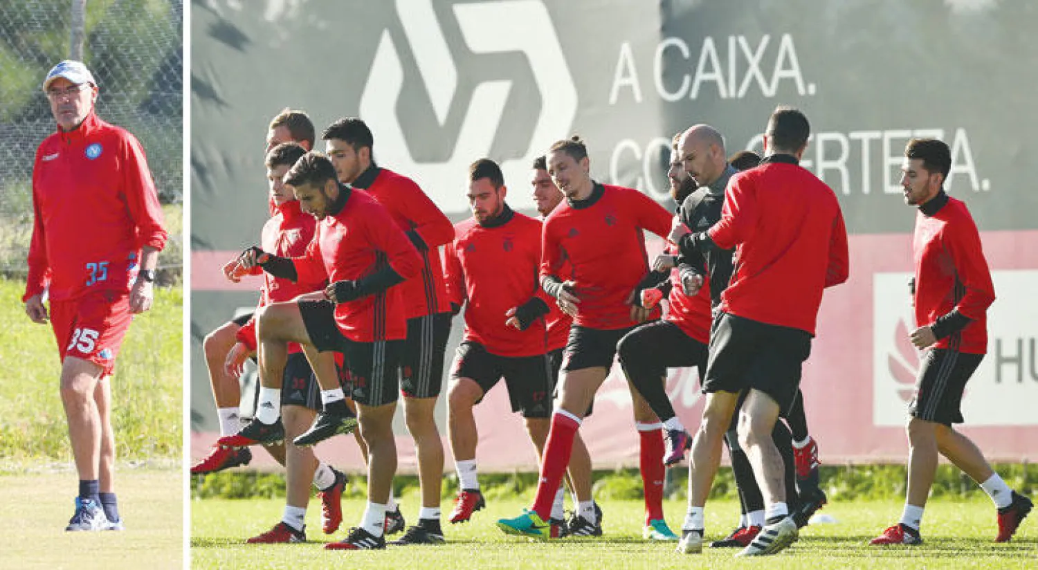 لاعبو بنفيكا خلال التدريبات أمس قبل مواجهة نابولي (إ.ب.أ)  -  ساري مدرب نابولي يخشى مفاجآت الجولة الأخيرة (أ.ف.ب)