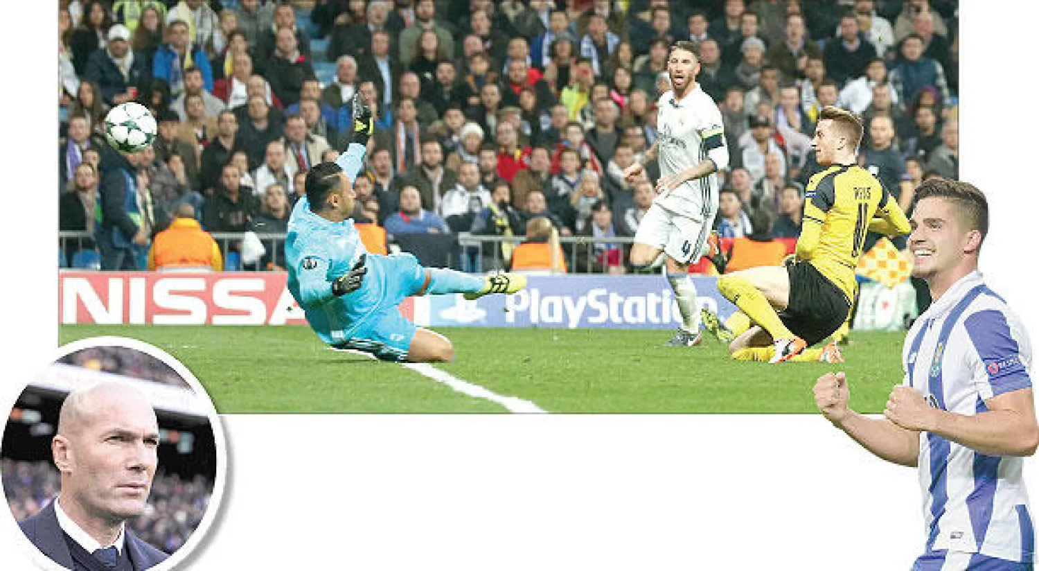 سيلفا نجم بورتو سجل هدفين من خماسية فريقه في مرمى ليستر - ريوس نجم دورتموند  يسجل في مرمى الريال ليحرم الفريق الإسباني من الصدارة  - زيدان غاضب لتفريط الريال في تقدمه أمام دورتموند (أ.ف.ب) (إ.ب.أ)