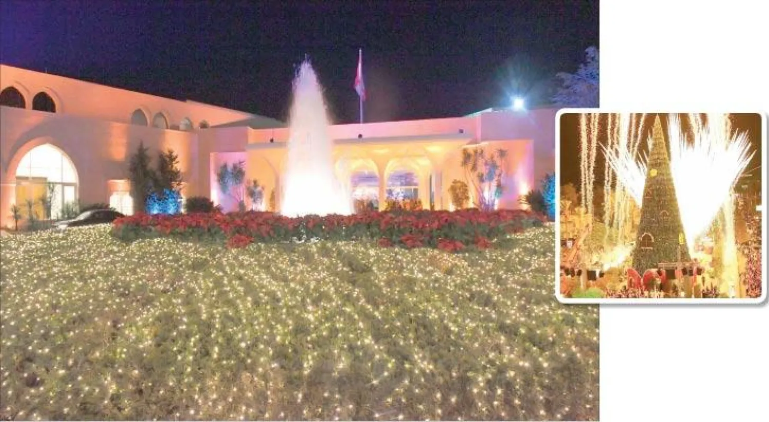 جانب من القصر الجمهوري الرئاسي بعد أن تمّت إضاءته - شجرة جبيل الميلادية تتضمن لوحات غرافيكية متحركة