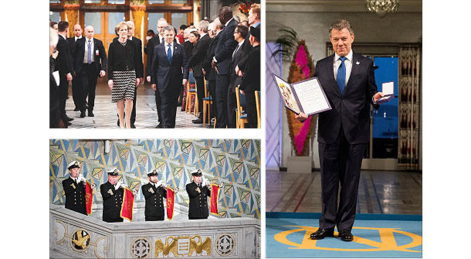 الرئيس سانتوس بعد تسلمه الجائزة والميدالية الذهبية في قاعة البلدية في العاصمة النرويجية أوسلو  - الرئيس الكولومبي خوان سانتوس وإلى يمينه انغر ماري يترهورن عضو لجنة نوبل عقب وصوله لحضور مراسم تسليم جائزة نوبل للسلام - جانب من مراسم احتفال تسليم جائزة نوبل في أوسلو (أ.ف.ب)  (إ.ب.أ)  (رويترز)