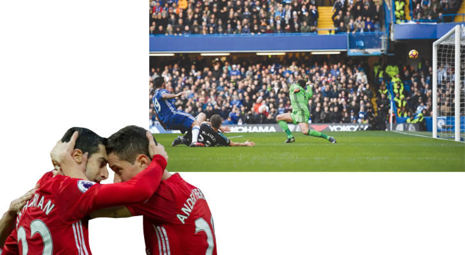 كوستا يهز شباك وست بروميتش ويقود تشيلسي للانفراد بقمة الدوري الإنجليزي (أ.ف.ب)  -  فرحة يونايتد بهدف مخيتاريان (إ.ب.أ)