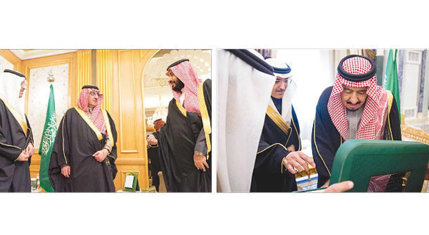 خادم الحرمين الشريفين يتسلم الرقم الأول من جميع فئات الإصدار السادس من العملة الورقية ونسخة من جميع فئات العملة المعدنية  -  الأمير محمد بن نايف والأمير محمد بن سلمان يتسلمان الرقمين الثاني والثالث من جميع فئات الإصدار السادس من العملة (واس)