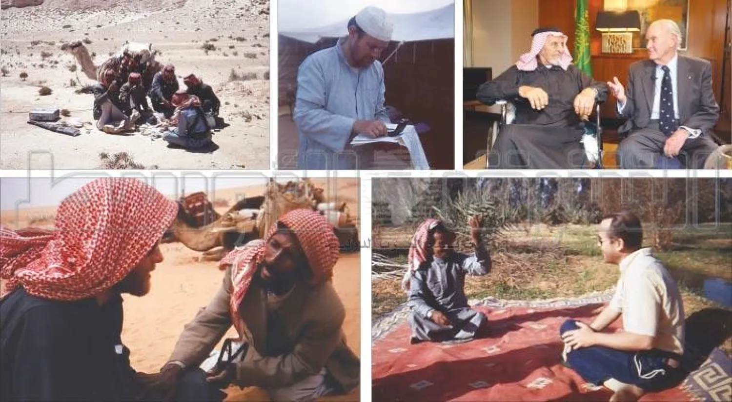المستشرق ويليام بولك في حديث ودي مع رفيق رحلته زامل بن سلطان الدوسري (تصوير: سعد الدوسري) - بولك يستخدم البوصلة لمعرفة اتجاه مساره - عند الظهيرة يحطون الرحال ويستديرون حول مائدة من التمر والماء - بولك الفتى عندما قدم من نيويورك في بواكير الصبا - بولك على يسار أحد رفقائه السعوديين مرتديا عقالا منحه إياه في طريق رحلته