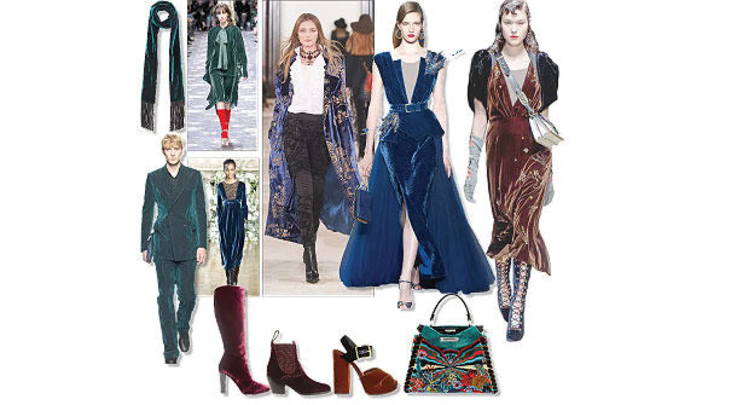 فستان سهرة من إيلي صعب - من عرض رالف لورين: معطف من المخمل المطرز بالذهبي  وبنطلون مخملي مخرم بتقنية الديفوريه - فستان يمكن أن يصلح للنهار من «روشا» - فستان يمكن أن يصلح للنهار أو المساء حسب تنسيقه من المصممة فانيسا سيوورد - بدلة مفصلة من المخمل باللون الأخضر الغامق من «بوتيغا فينيتا»