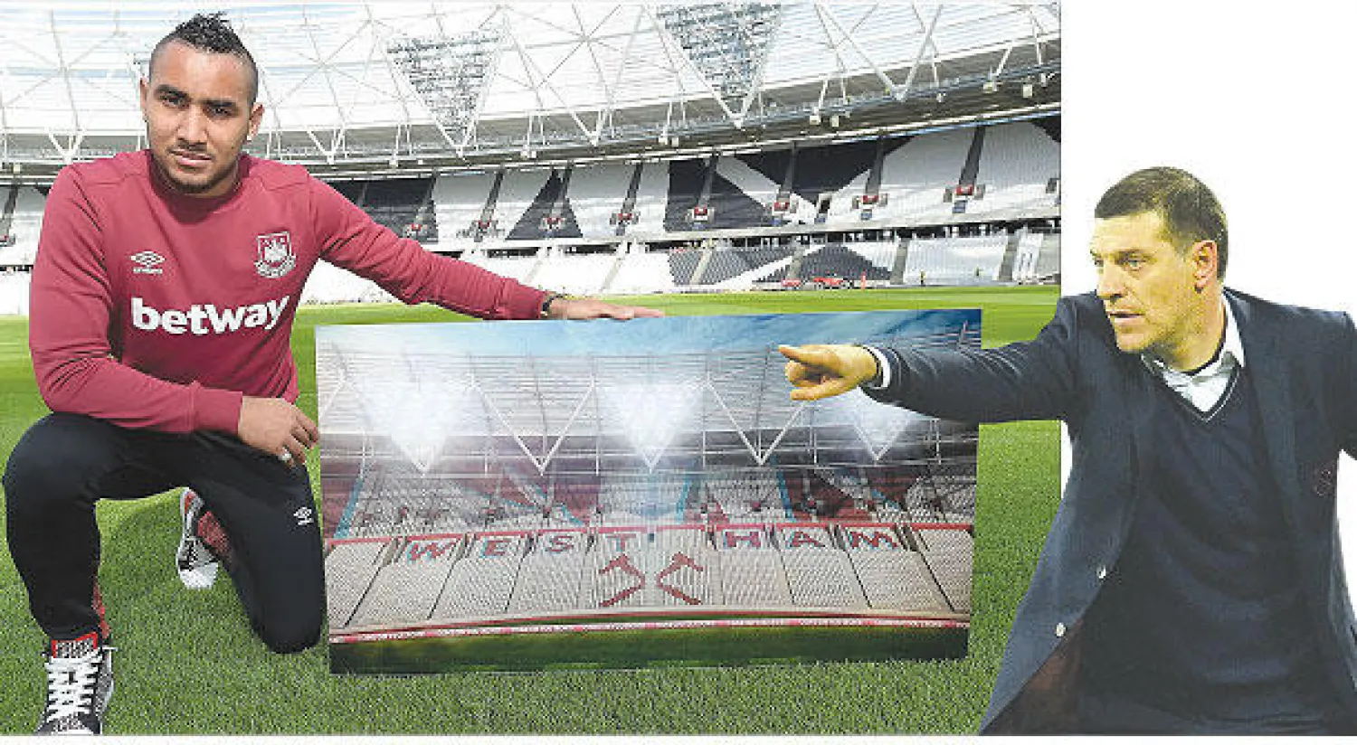 بيلتش مدرب وستهام (أ.ف.ب) - باييه ركيزة وستهام يحمل دعاية للملعب الجديد الذي بات أحد الأسباب التي يتعلل بها البعض لتدهور النتائج