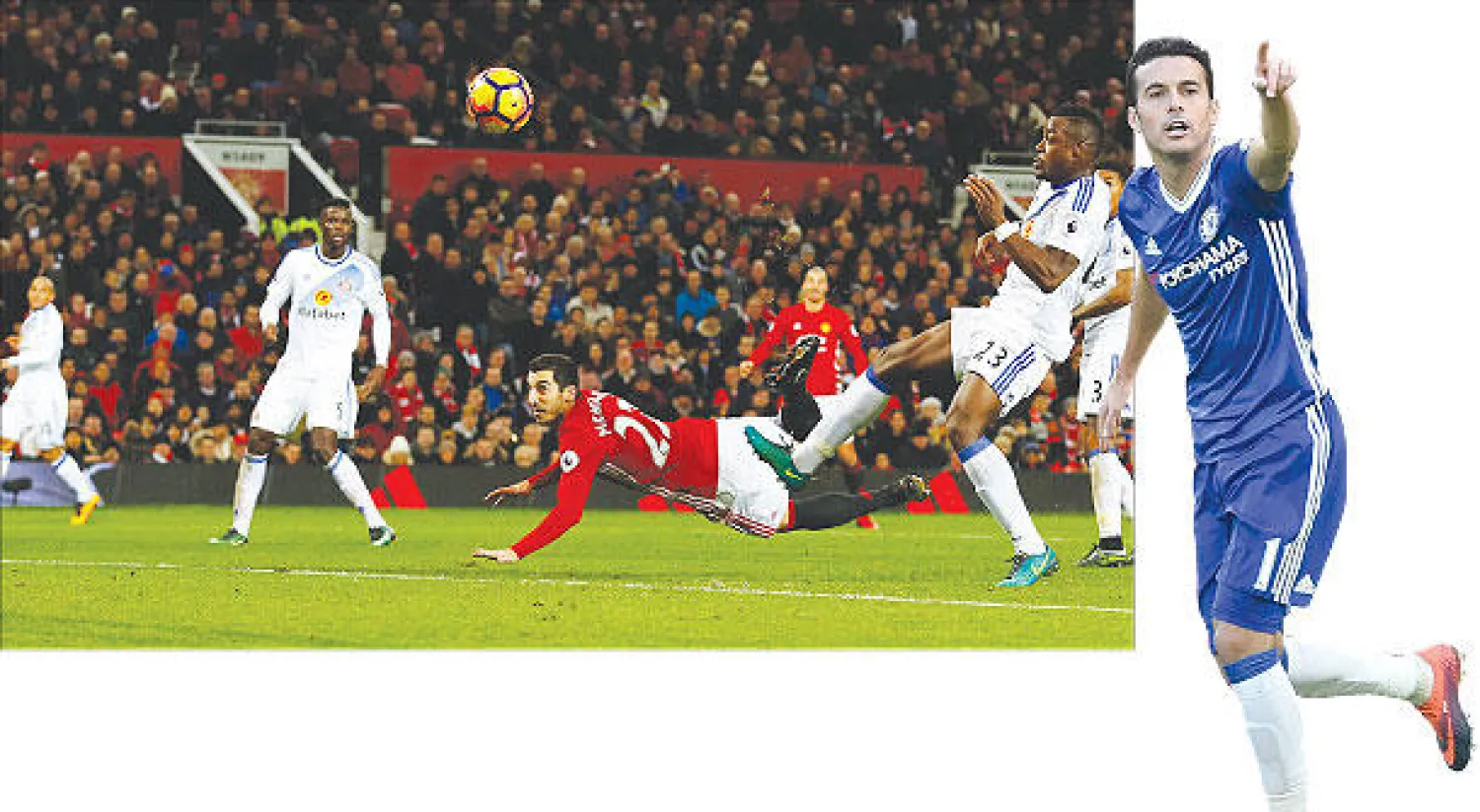 بيدور مهاجم تشيلسي يحتفل بهدفه في مرمى بورنموث (إ.ب.أ) - مختيريان نجم يونايتد يحول الكرة من الوضع طائرًا بكعب قدمه إلى شباك سندرلاند (رويترز)