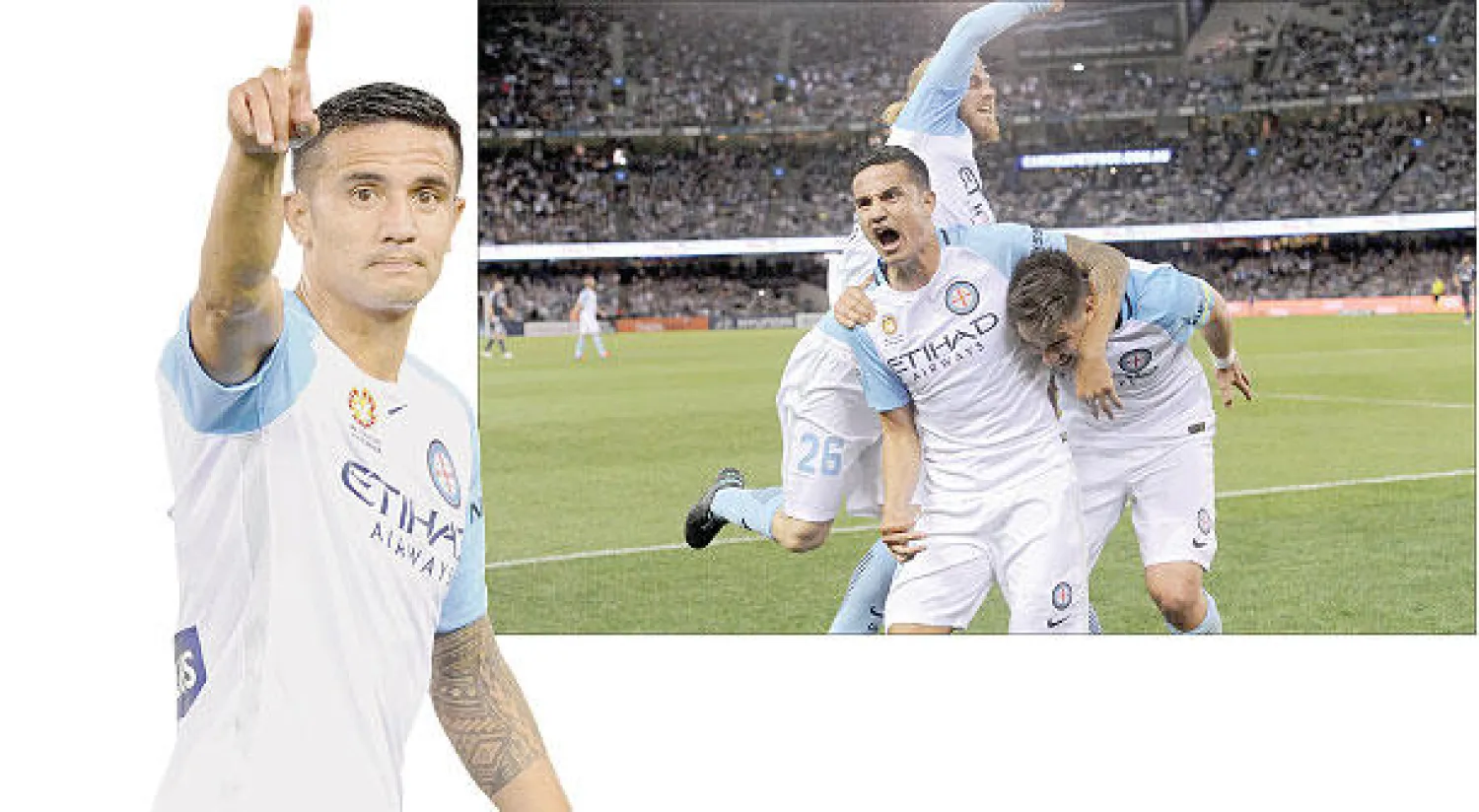 كاهيل يحتفل بأحد أهدافه مع زملائه في ملبورن سيتي - كاهيل اللاعب  الأسترالي (إ.ب.أ)