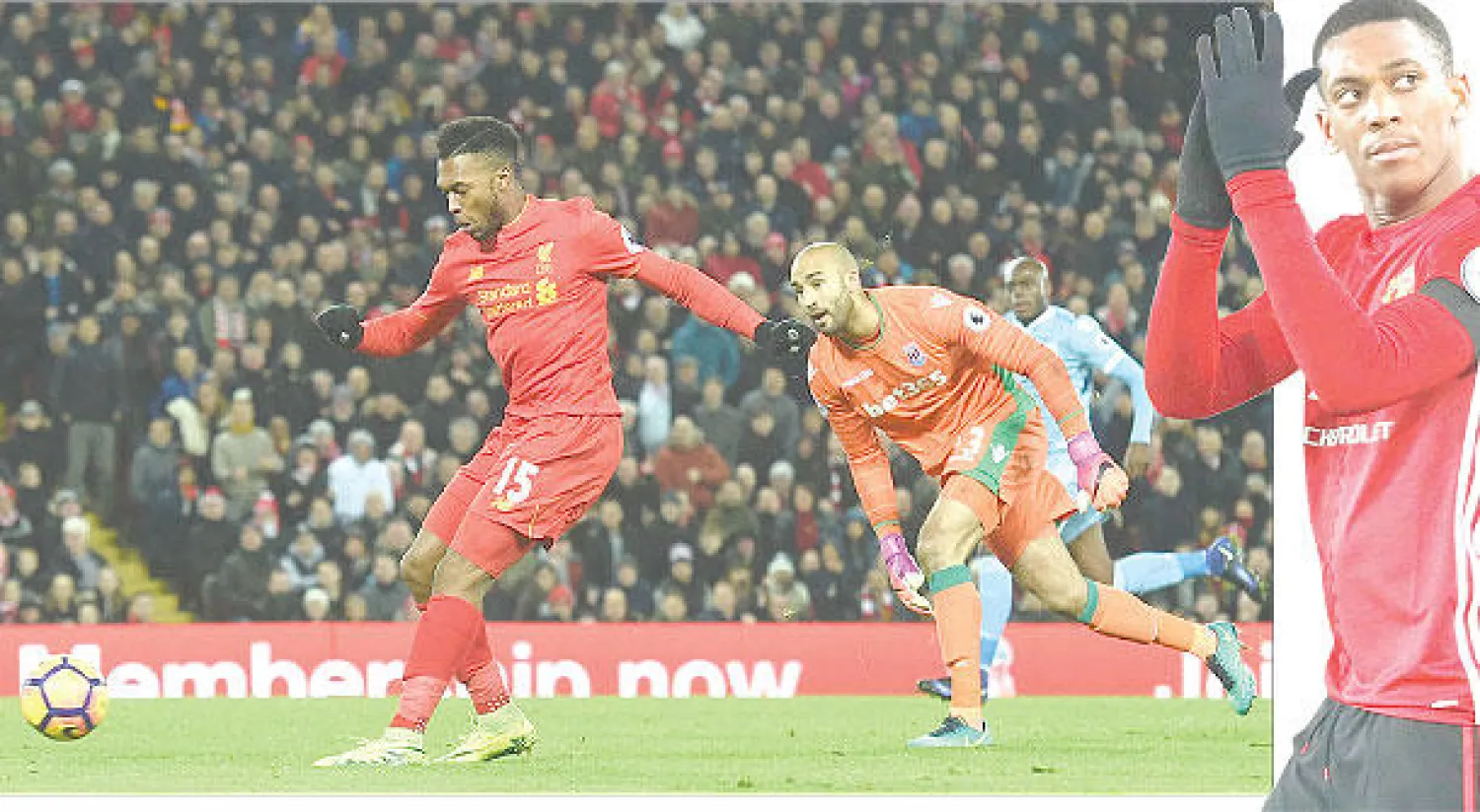 جماهير يونايتد  تنتظر عودة مارسيال لمستواه (رويترز)  - ستوريدج مهاجم ليفربول راوغ حارس ستوك وسجل أول هدف له في الدوري هذا الموسم (أ.ف.ب)