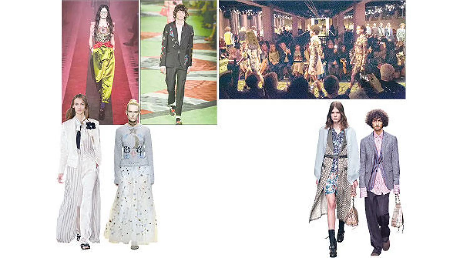 من عرض «بيربري» لربيع وصيف 2017 الذي دمج فيه الرجالي بالنسائي - لقطة من عرض «بيربري» الذي كان أول عرض دُمج فيه الرجالي بالنسائي - من العرض الأول لبُشرى جرار لدار «لانفان» - من العرض الأول الذي قدمته ماريا غراتزيا تشيوري لدار «ديور»