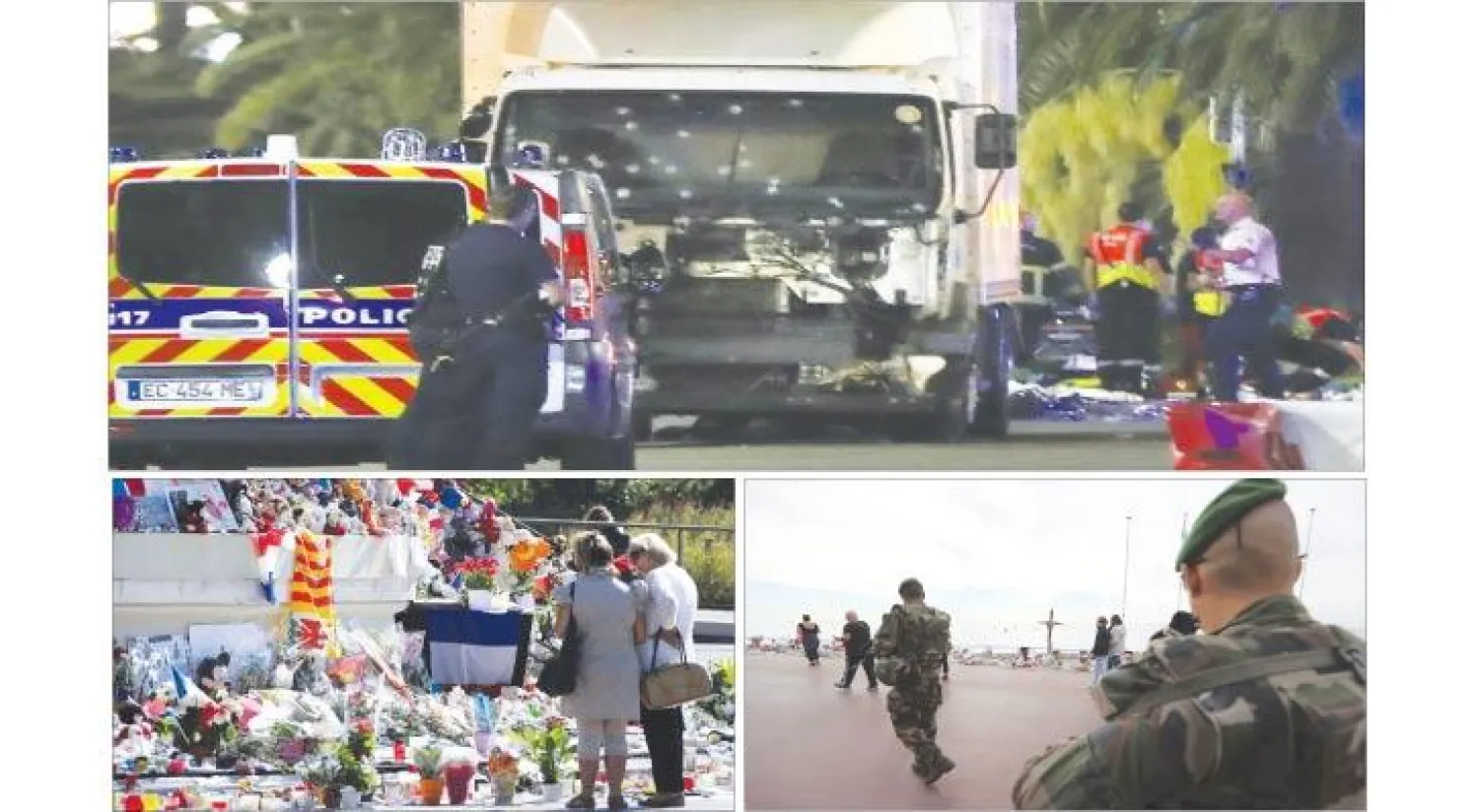 عناصر شرطة فرنسيون يعاينون الشاحنة التي قتلت 60 شخصًا دهسًا في نيس خلال احتفالهم بذكرى الثورة الفرنسية العام الماضي («الشرق الأوسط») - عنصران من القوات الخاصة الفرنسية بكامل العتاد يقومان بدورية في نيس في 16 أكتوبر 2016 خلال حفل تأبين لضحايا الدهس (أ.ف.ب) - آلاف من باقات الورد وضعها فرنسيون بالمكان الذي قتل فيه دهسًا 60 فرنسيًا (أ.ف.ب)