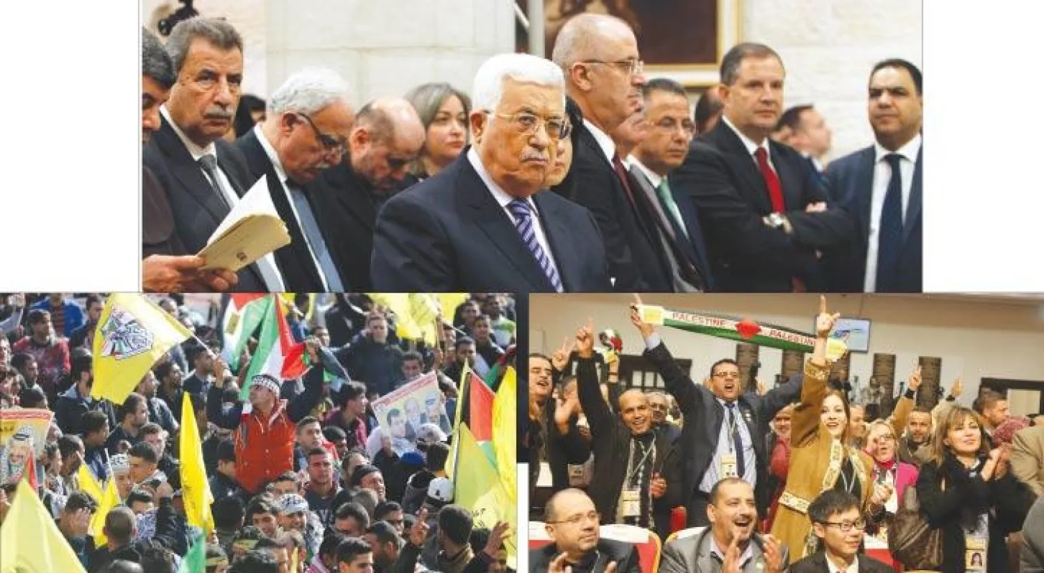 الرئيس الفلسطيني محمود عباس لدى حضوره قداس ليلة عيد الميلاد بكنيسة سانت كاترين ببيت لحم في ديسمبر الماضي (إ.ب.أ) - انصار حركة فتح يحيّون الرئيس الفلسطيني محمود عباس في ثان يوم للمؤتمر العام للحركة في رام الله نوفمبر الماضي (غيتي) - مؤيدون للقيادي في فتح محمد دحلان يرفعون رايات ولافتات في غزة خلال مظاهرة احتجاجية ضد الرئيس الفلسطيني في ديسمبر الماضي (غيتي)