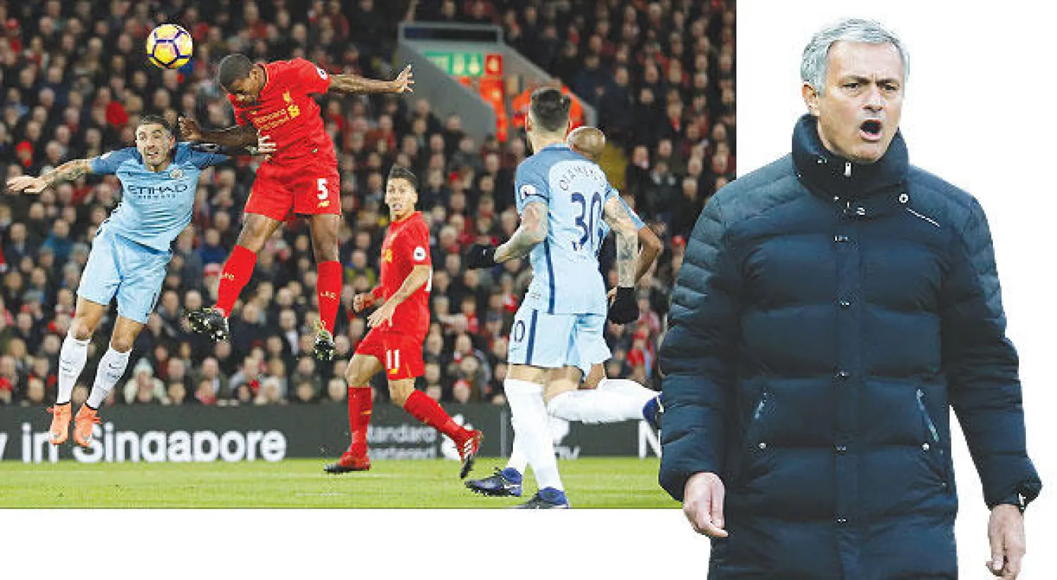 مورينيو يأمل في مواصلة الانتصارات وتجاوز وستهام (رويترز) - فاينالدوم لاعب ليفربول يقفز ليسدد برأسه في شباك سيتي محرزًا هدف فوز فريقه (رويترز)