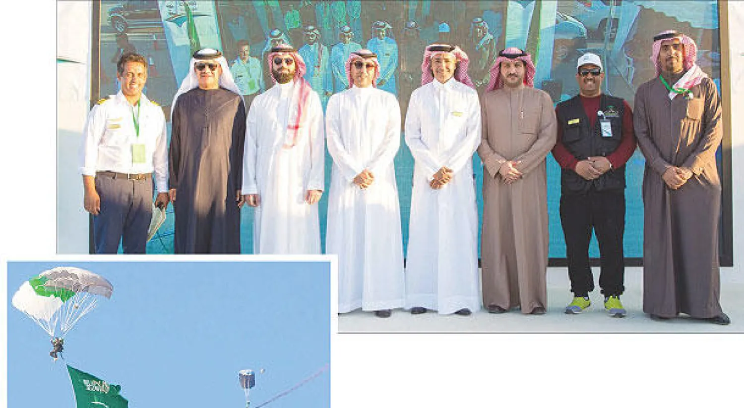 الأمير تركي بن مقرن وحنزاب في لقطة جماعية خلال احتفالية ذكرى البيعة  -  استعراض جوي أمس في احتفالية ذكرى البيعة («الشرق الأوسط»)