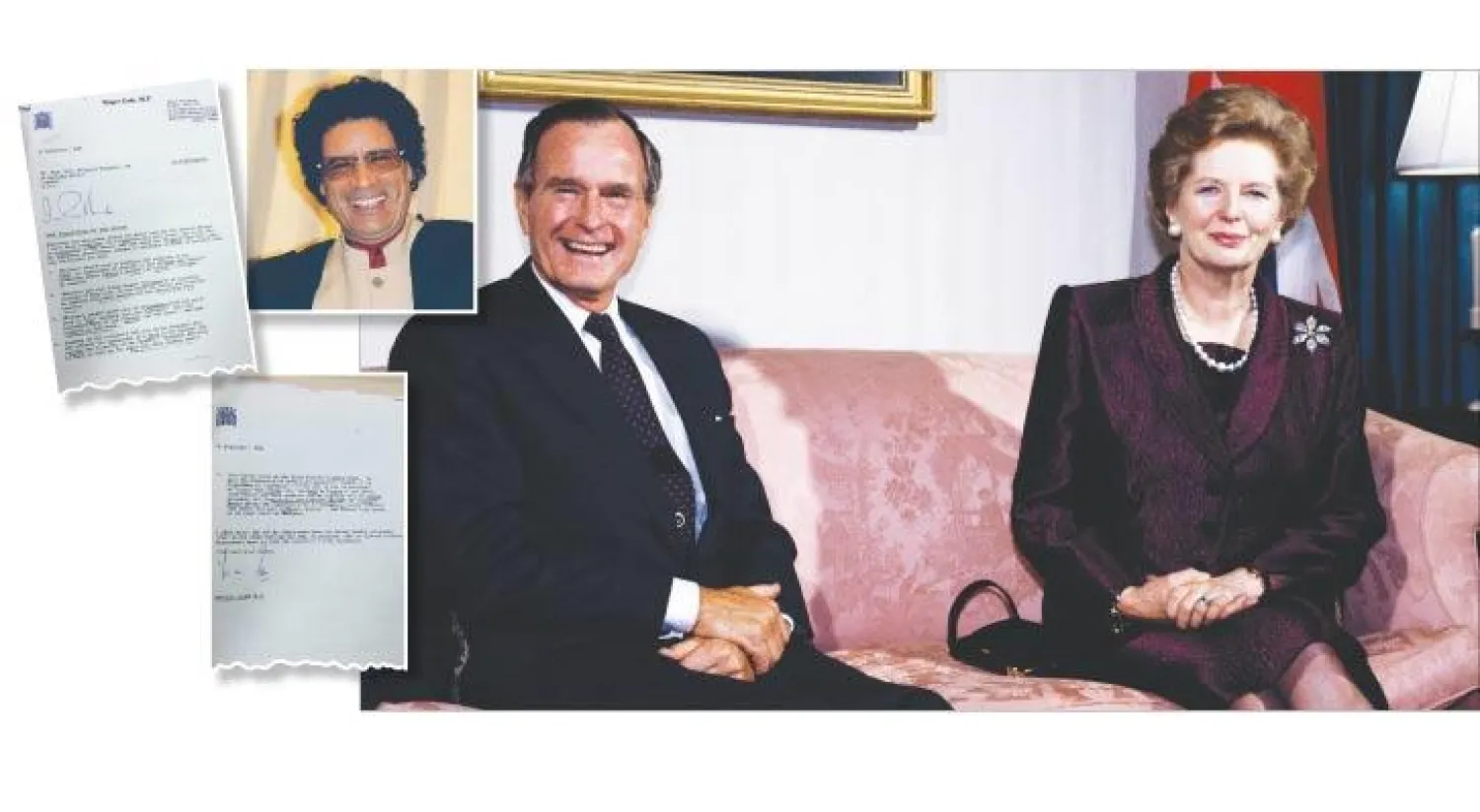 لقاء بين رئيسة الوزراء البريطانية مارغريت ثاتشر والرئيس الأميركي جورج بوش الأب (غيتي) - معمر القذافي عام 1989 (غيتي) - صورتان من وثائق الأرشيف الوطني البريطاني نشرتها صحيفة «التلغراف» البريطانية