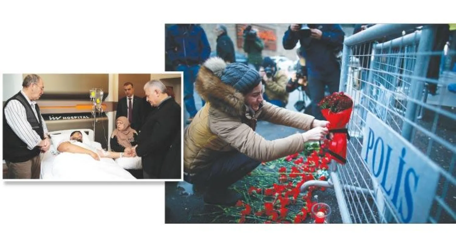 مواطنة تركية تضع أكاليل من الورود في مدخل النادي الليلي بحي أورتاكوي الذي شهد هجومًا إرهابيًا داميًا ليلة أمس (أ.ب) - بن علي يلدريم رئيس الوزراء التركي يزور ضحايا الهجوم الإرهابي في احد مستشفيات إسطنبول امس (رويترز)