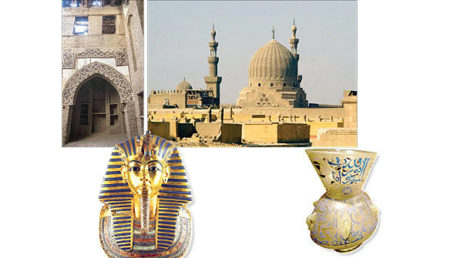 مشكاة زجاجية  من العصر المملوكي - جامع السلطان برقوق في القاهرة ( - مدخل بيت أثري في قرية القصر  بواحة الداخلة  - توت عنخ آمون («الشرق الأوسط») (غيتي)