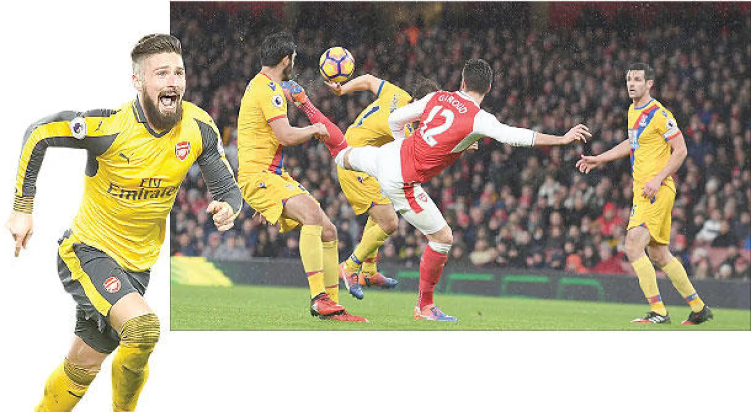 جيرو يحول الكرة بكعبه إلى شباك كريستال بالاس في لحظة فريدة من نوعها - جيرو يحتفل بهدفه الذي أنقذ آرسنال أمام بورنموث (أ.ف.ب)