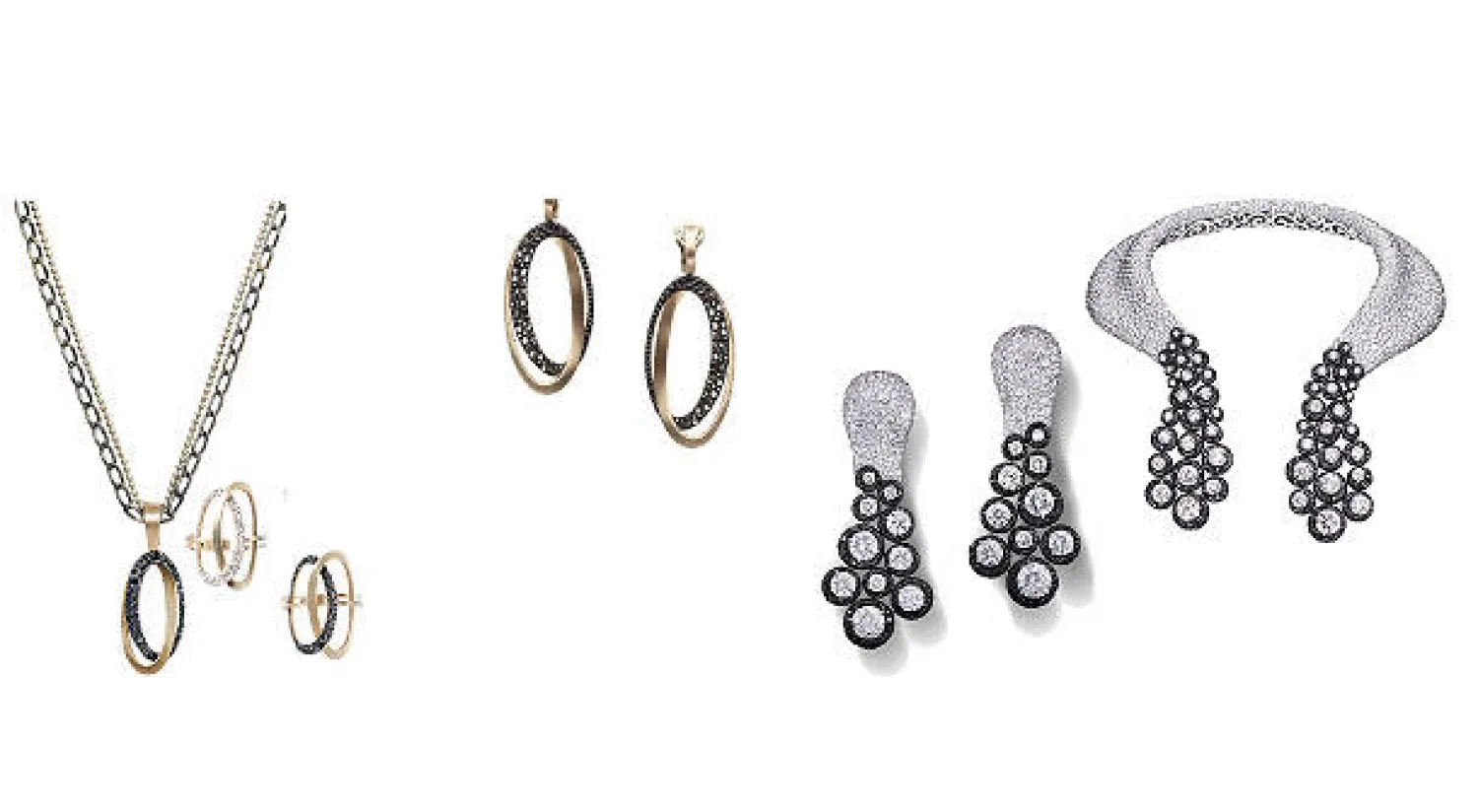 قلادة مرصعة بالماس الأبيض والأسود من «ذي غريزوغونو» - أقراط أذن من «ذي غريزوغونو» - أقراط أذن من الذهب الأصفر مرصع بالماس الأسود من «أنطونيني» الإيطالية - من مجموعة «بلاك أند وايت» من «أنطونيني» الإيطالية