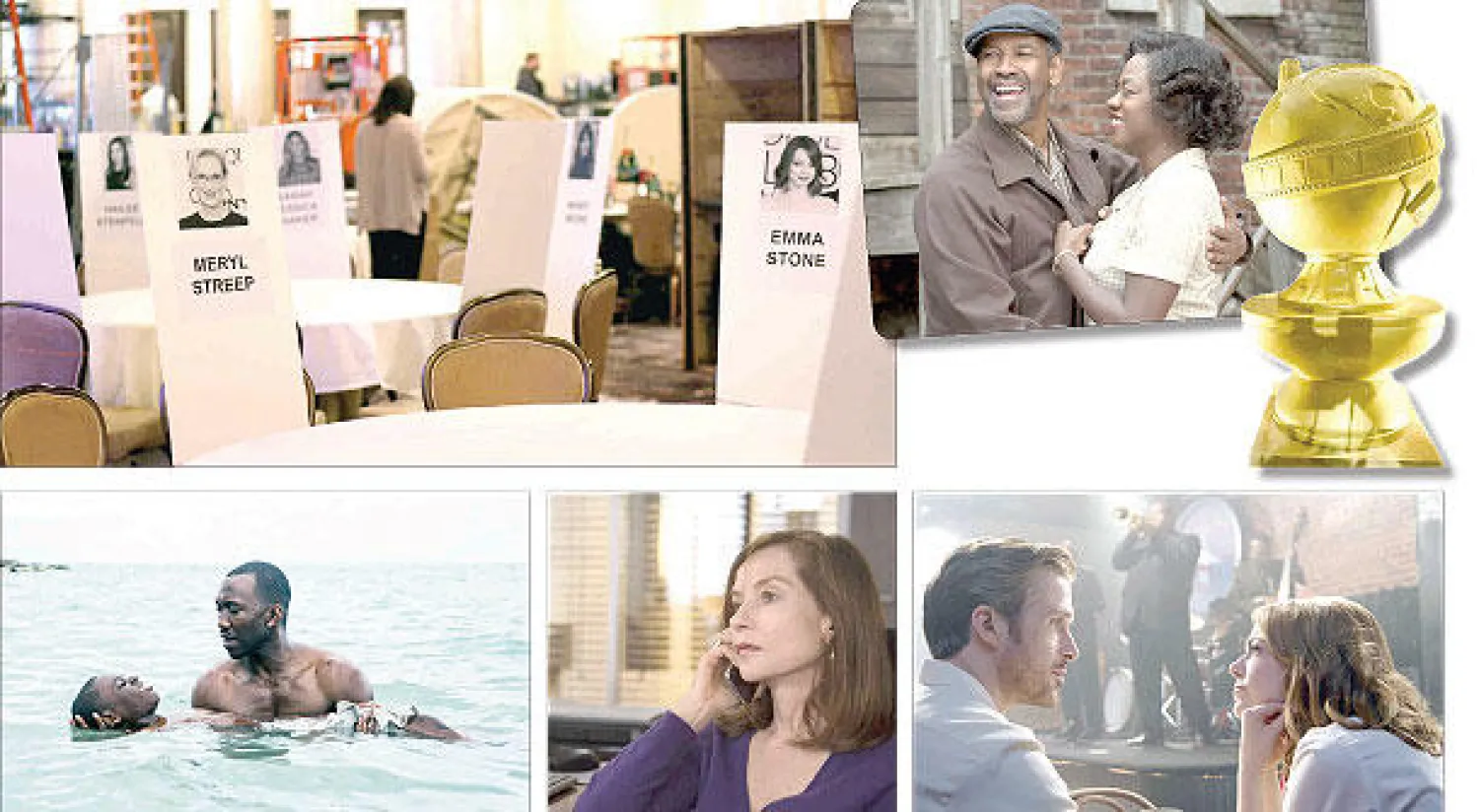 قاعة الإحتفالات حيث ستوزع جوائز «غولدن غلوبس» وقد وضعت بطاقات بصور الممثلات على أماكن جلوسهن (رويترز) - دينزل واشنطن في سباق أفضل ممثل وفيولا ديفيز في سباق أفضل ممثلة مساندة عن «حواجز» (أ.ب) - «لا لا لاند»: أربعة ترشيحات مهمّـة (أ.ب) - إيزابيل أوبير كما تبدو في «هي» القوي في سباق أفضل فيلم - ماهرشالا علي في «مونلايت»‬ (أ.ب)