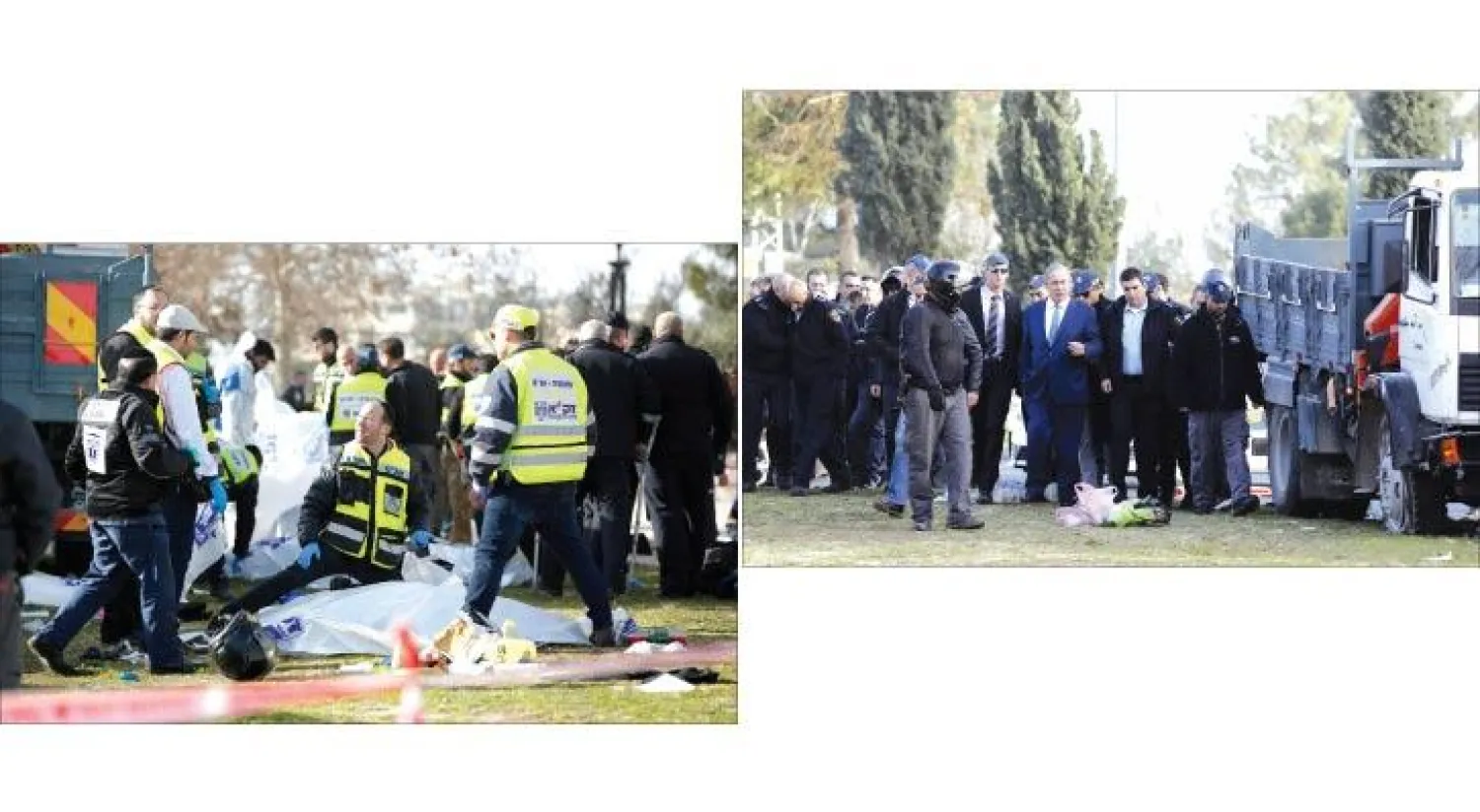 رئيس الوزراء الإسرائيلي بنيامين نتنياهو في موقع الدهس وتبدو الشاحنة التي استخدمت في الحادث (أ.ف.ب) - المشهد كما بدا بعد عملية الدهس التي قام بها فلسطيني وقتلت 4 إسرائيليين وجرحت 15 (إ.ب.أ)