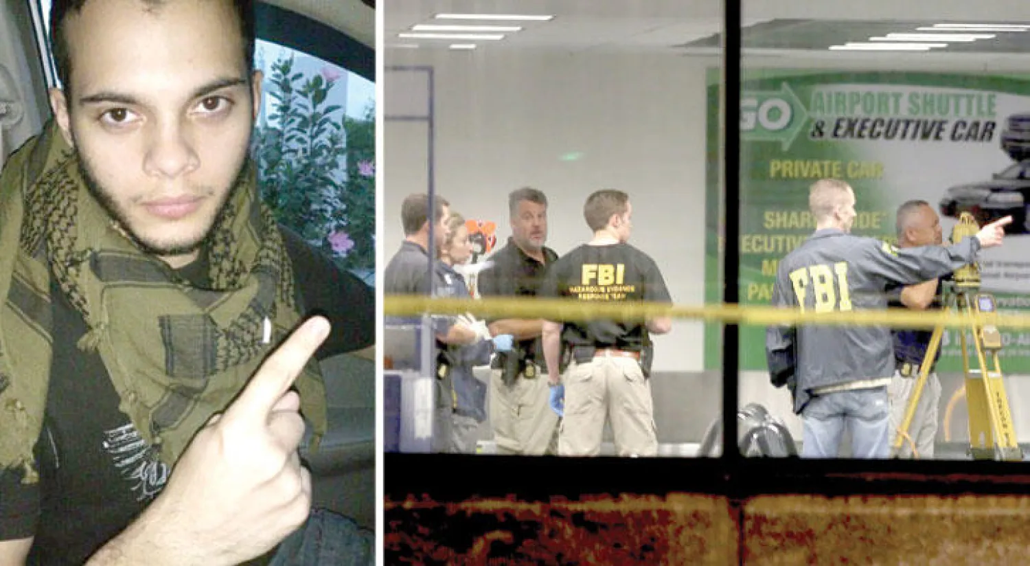 ضباط «إف بي آي» يجمعون الأدلة الجنائية من مطار فلوريدا الذي تعرض لإطلاق نار أمس أدى إلى مقتل خمسة وإصابة ثمانية (أ.ف.ب)  -  المهاجم استيبان سانتياغو
