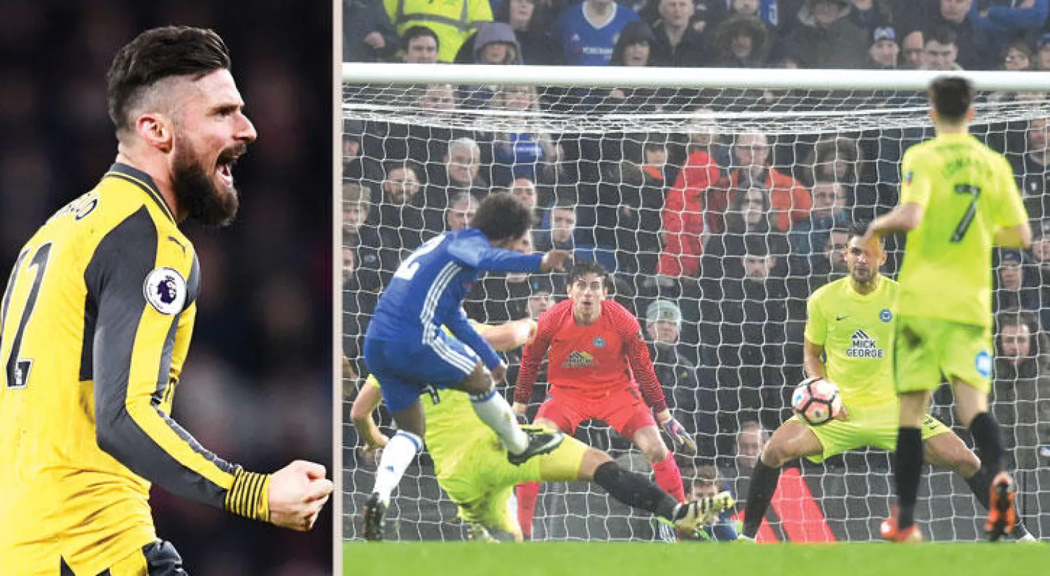 البرازيلي وليان لاعب تشيلسي (يسار) يسدد مسجلا ثالث اهداف فريقه في مرمى بيتربوره (ا ف ب)  -  أهداف جيرو المتأخرة أنقذت آرسنال (رويترز)