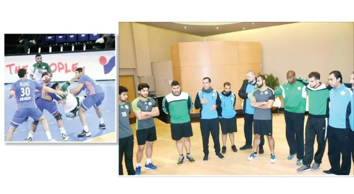 لاعبو المنتخب السعودي مناف ومجتبى وحماد ومهدي قبل انطلاق التدريب  - جانب من مباراة المنتخب السعودي وكرواتيا في مستهل المشوار المونديالي (المركز الإعلامي للمنتخب السعودي لليد)