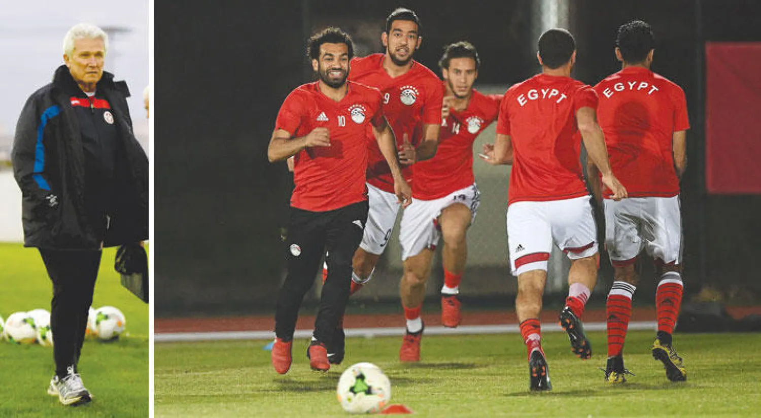 محمد صلاح نجم مصر (يسار) يقود تدريبات منتخب بلاده استعدادا لمواجهة مالي (أ.ف.ب)  -  كاسبرجاك مدرب تونس وعد بتصحيح الأوضاع أمام الجزائر (أ.ف.ب)