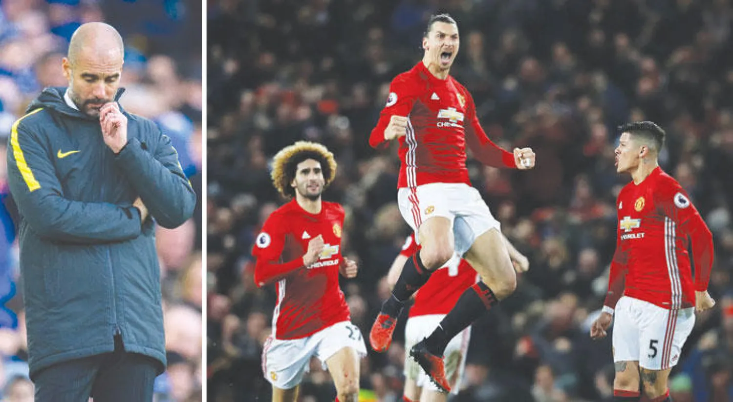 إبراهيموفيتش يحتفل بهدفه في مرمى ليفربول (رويترز)  -  علامات الإحباط على وجه غوارديولا (إ.ب.أ)