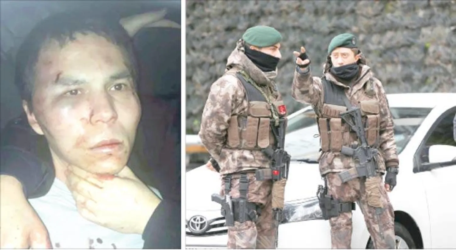 عناصر من قوات الأمن الخاصة التركية أمام مبنى مديرية أمن إسطنبول قبل المؤتمر الصحافي لعمدة المدينة ورئيس دائرة الشرطة أمس (رويترز) - الشرطة التركية نشرت صورة المشتبه به وعلى وجهه كدمات (أ.ف.ب)