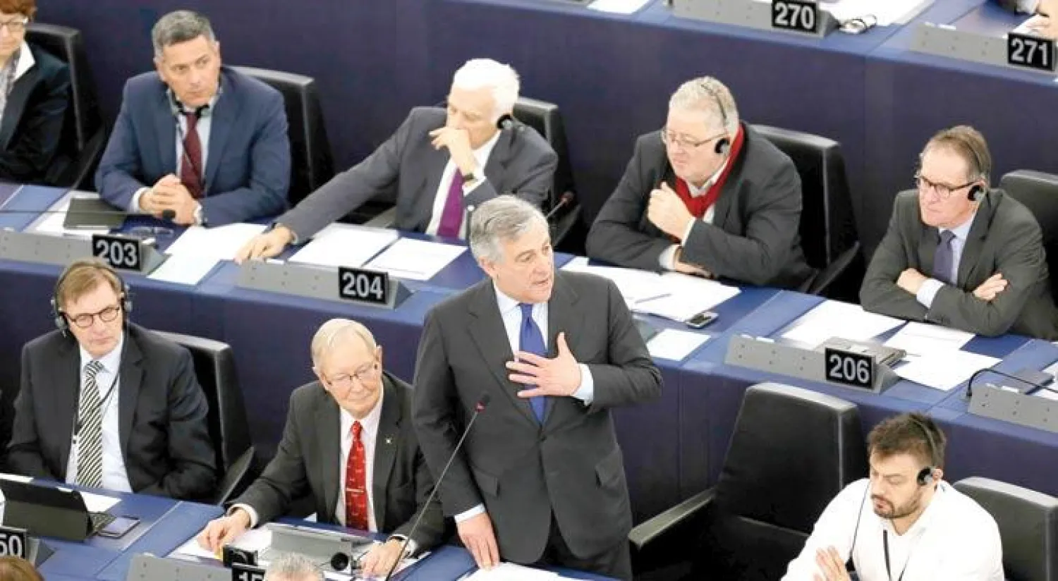 جانب من خطاب المرشح الإيطالي أنطونيو تاياني في ستراسبورغ الفرنسية أمس (إ.ب.أ)