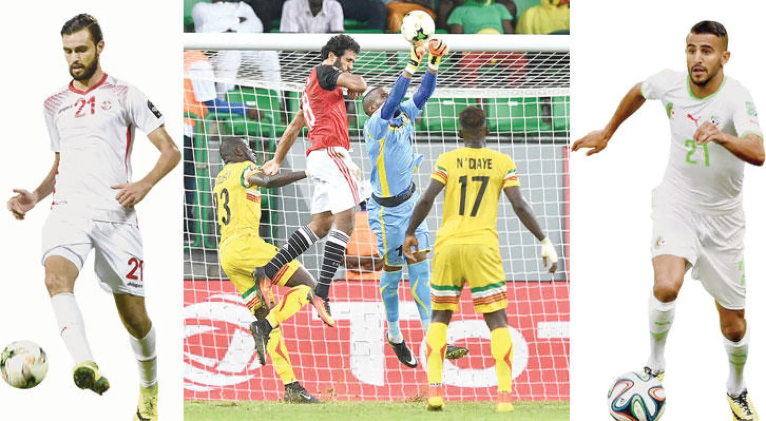 محرز ورقة الجزائر الرابحة أمام تونس  -  سيسوكو حارس مالي يتصدى لرأسية محسن مهاجم مصر (أ.ف.ب)  -  النقاز مدافع تونس يأمل في انتفاضة فريقه اليوم (أ.ف.ب)