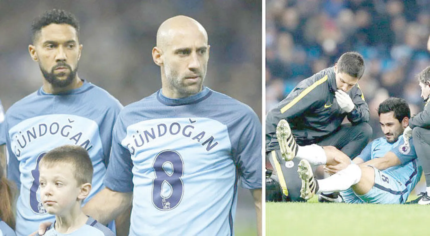 سيبقى غوندوغان لاعب مانشستر سيتي بعيدًا عن الملاعب إلى نهاية الموسم لكن زملاءه في الفريق ارتدوا قمصانًا تحمل اسمه تعاطفًا معه