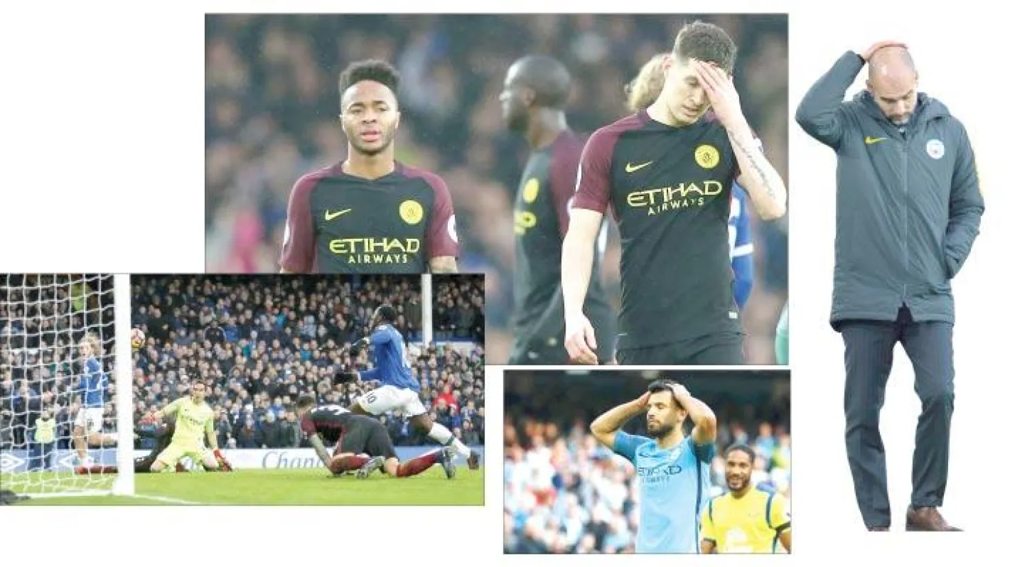 الضغوط تزداد على غوارديولا يومًا بعد يوم (إ.ب.أ) - ستونز وستيرلنغ بعد الهزيمة المذلة أمام إيفرتون («الشرق الأوسط») - أغويرو لم يستوعب خطط غوارديولا بعد («الشرق الأوسط) - الناشىء توم ديفيز (يسار) يزيد من أوجاع سيتي بهدفه الثالث أمام إيفرتون (رويترز)