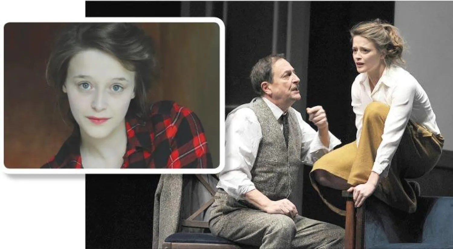 الممثلة الفرنسية آدلين ديرمي والممثل الفرنسي فلاديمير يوردانوف خلال إحدى بروفات مسرحية {البناء} (أ.ف.ب) - الممثلة الفرنسية آدلين ديرمي