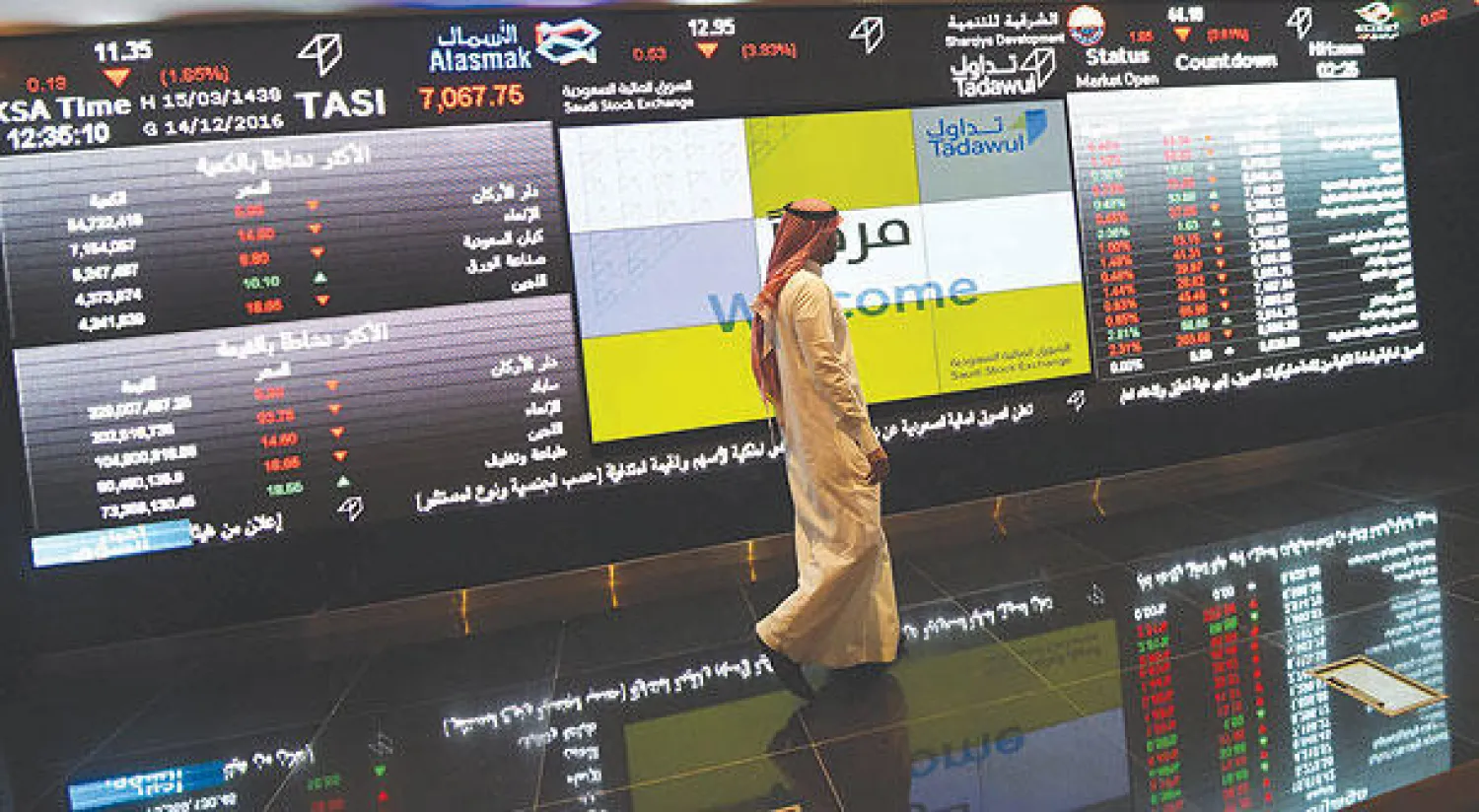 مستثمر سعودي يتابع أسعار الأسهم في البورصة السعودية {تداول} بالعاصمة الرياض (غيتي)