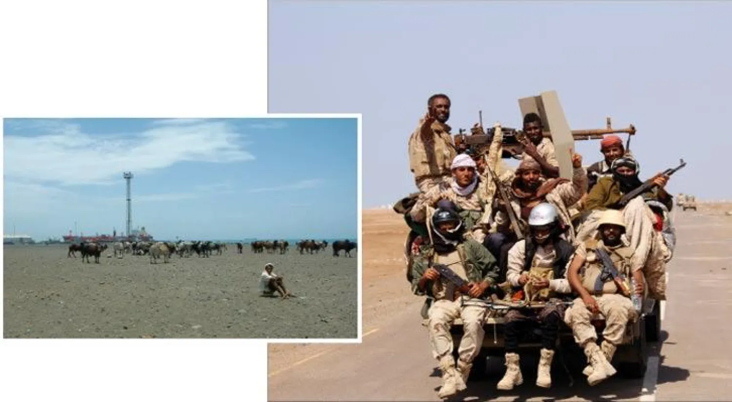 عناصر من الجيش اليمني تقلهم عربة عسكرية قرب مدينة المخا أمس (رويترز) - صورة أرشيفية لميناء المخا... ويبدو أحد السكان جالسًا قبالة الميناء الذي يعد من أهم الموانئ التجارية اليمنية («الشرق الأوسط»)