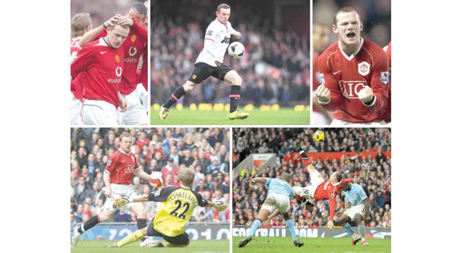 مجموعة من اللقطات التي تظهر روني بعد تسجيله أجمل أهدافه (أ.ف.ب)