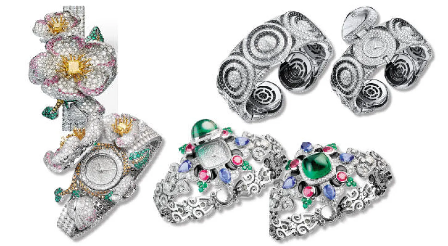 «موزاييكو» مصمّمة من الألماس وحجر السبينل الأسود والذهب الأبيض  -  روزا دي فانتي... مصمّمة من الزمرّد عيار 11.49 قيراط (من زامبيا)، والياقوت والزمرد والسافير والألماس والذهب الأبيض  -  الساعة السرية - كوارتز. مصمّمة من الألماس الأصفر عيار 1.45 قيراط والسافير الوردي والزمرّد والألماس الأبيض والأصفر والبني والرمادي والذهب الأبيض والأصفر