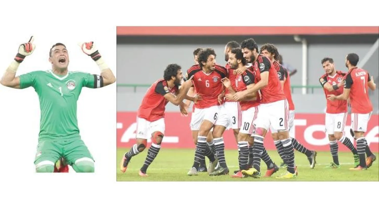 محمد صلاح صاحب هدف فوز مصر على غانا وتصدر مجموعتها (وسط) يحتفل مع زملائه بالهدف (أ.ف.ب) - الحارس المصري الحضري يواصل تحطيم الأرقام القياسية (إ.ب.أ)