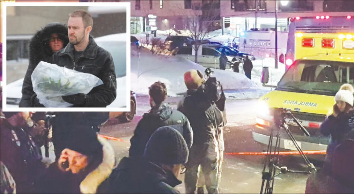 سيارة إسعاف تقف أمام المركز الإسلامي في مدينة كيبيك بكندا بعد إطلاق النار على مصلين مساء أول من أمس... وفي الإطار كندي يحمل باقة ورد إلى مكان الحادث تعاطفاً مع الضحايا (رويترز)