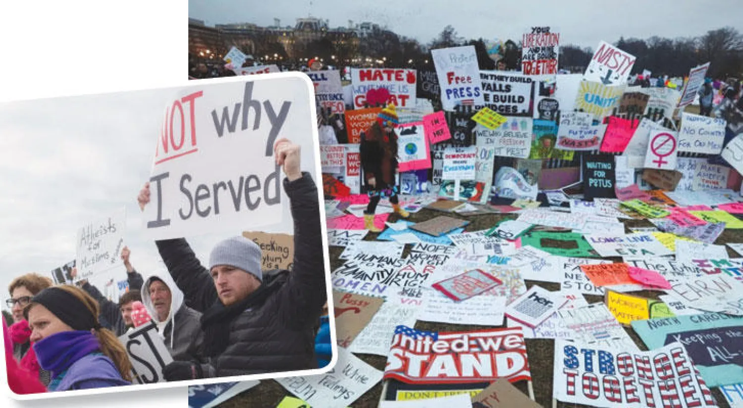 فتاة صغيرة تبني حائطًا من اللافتات عقب انتهاء مسيرة النساء  -  ليس هذا السبب الذي دفعني للخدمة