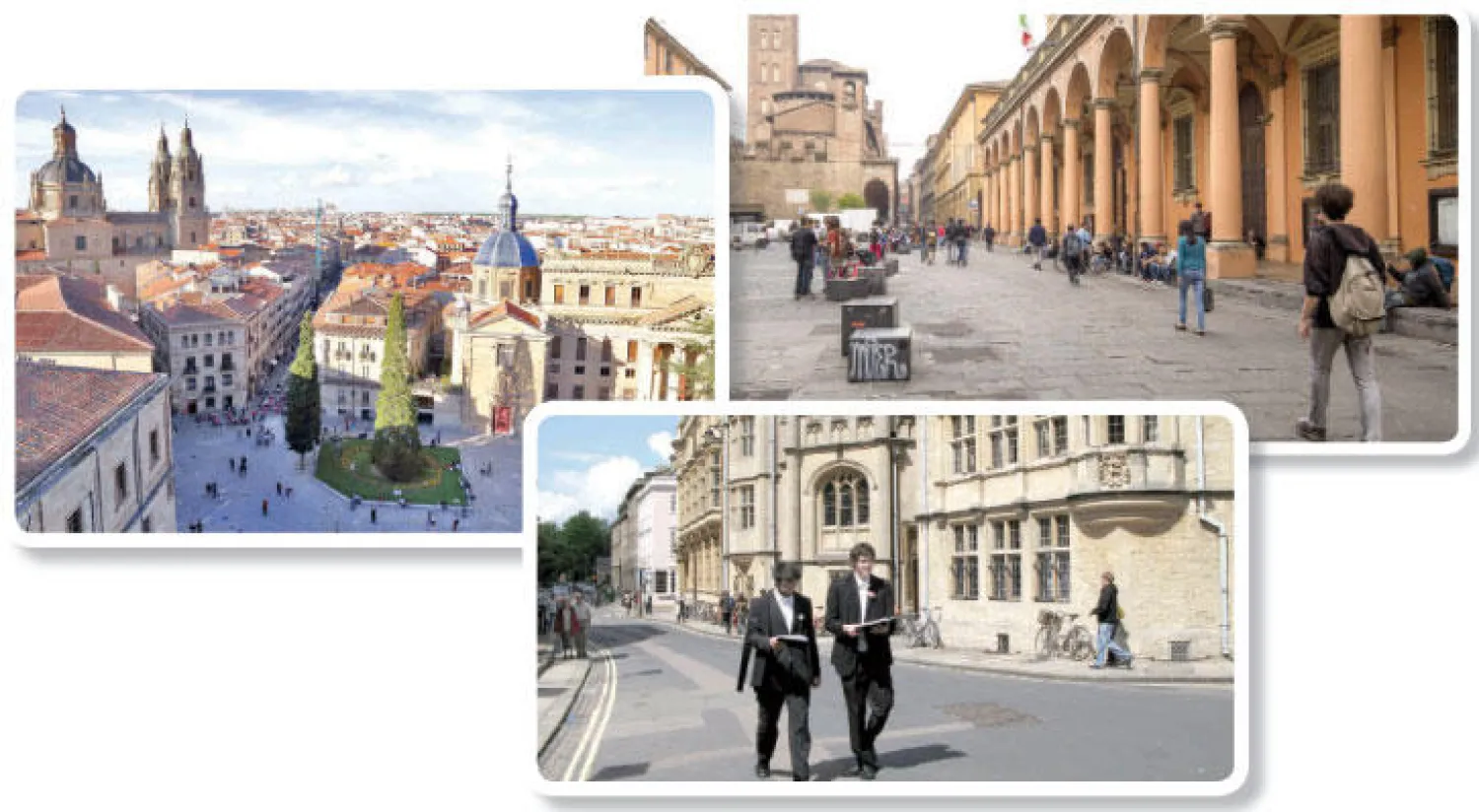 جامعة بولونيا الإيطالية الأقدم في القارة العجوز  -  لقطة من الأعلى لحرم جامعة سالامانكا الإسبانية  -  جامعة أكسفورد البريطانية