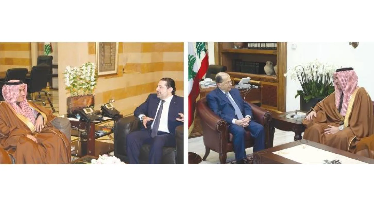 عون مستقبلا السبهان في القصر الجمهوري في بعبدا أمس (إ.ب.أ) - الحريري لدى لقائه السبهان في بيروت أمس (رويترز)