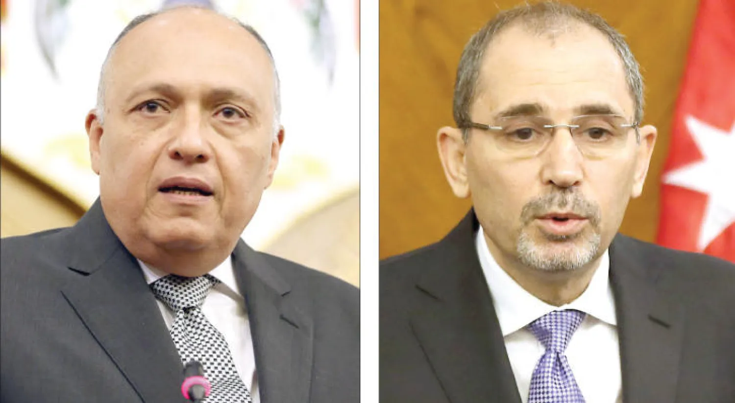 وزيرا الخارجية الأردني أيمن الصفدي ونظيره المصري سامح شكري في مؤتمرهما الصحافي المشترك أمس في عمان (أ.ف.ب)