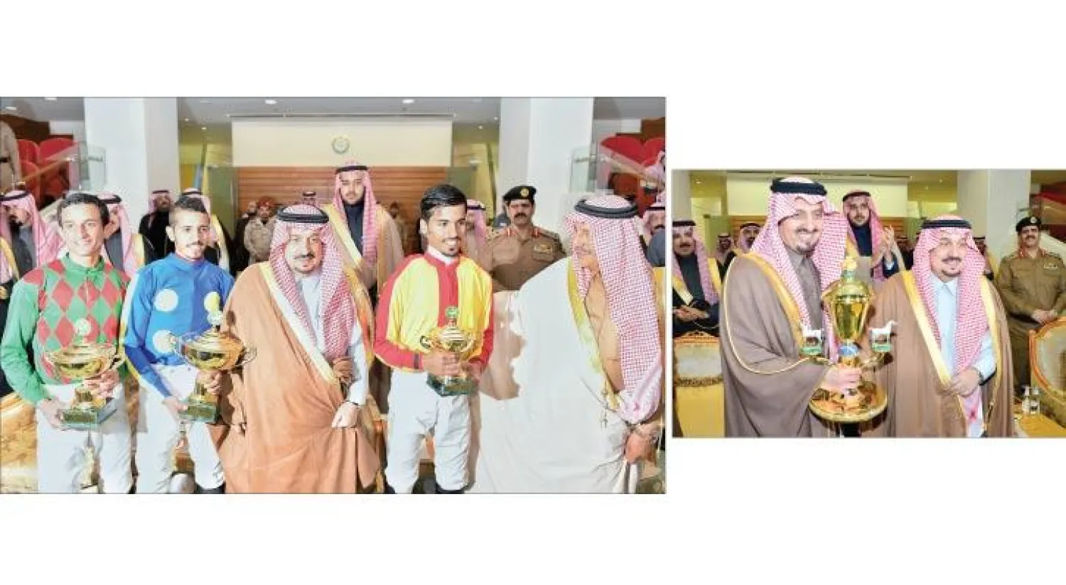 الأمير فيصل بن بندر بن عبد العزيز أمير منطقة الرياض خلال تسليم مالك «دانسر» الأمير فيصل بن خالد كأس خادم الحرمين الشريفين لجياد «المستورد» (واس).. ويتوج الفائزين بحضور الأمير سلطان بن محمد بن سعود الكبير