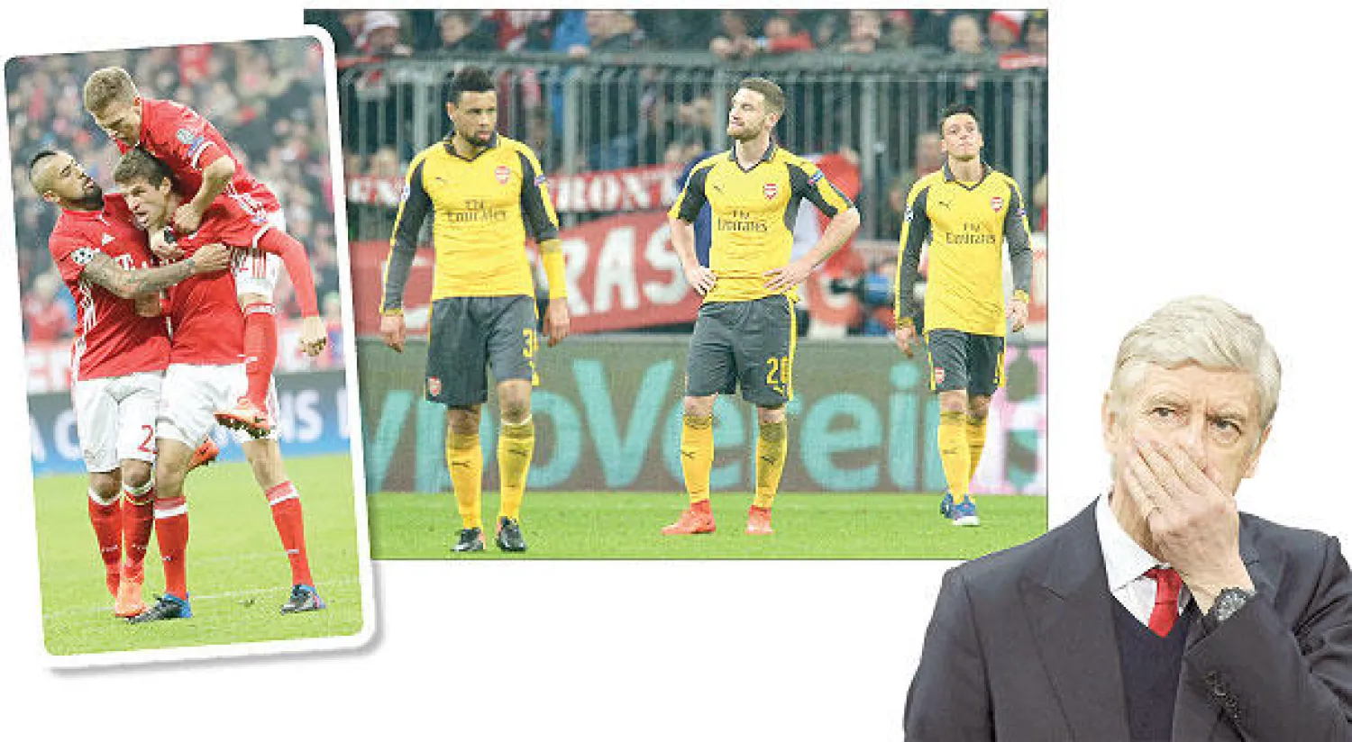 فينغر... حانت ساعة الرحيل (أ.ب) - إحباط لاعبي آرسنال بعد الهزيمة المذلة - سعادة لاعبي بايرن بعد الفوز العريض (أ.ب)